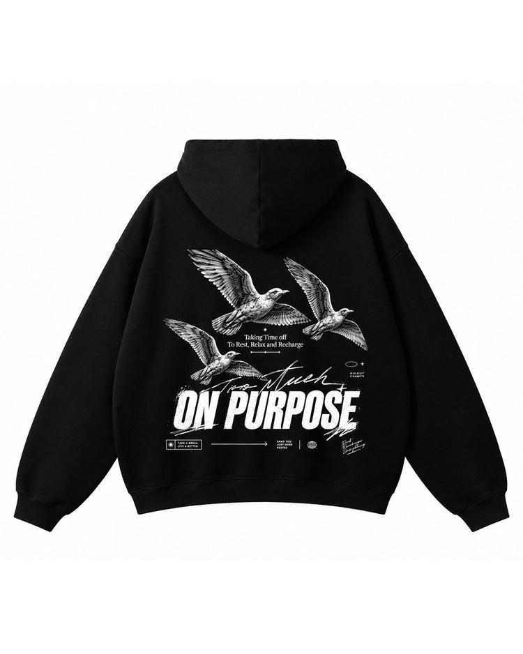 Back of the black OVRLY Original Hoodie with the On Purpose print